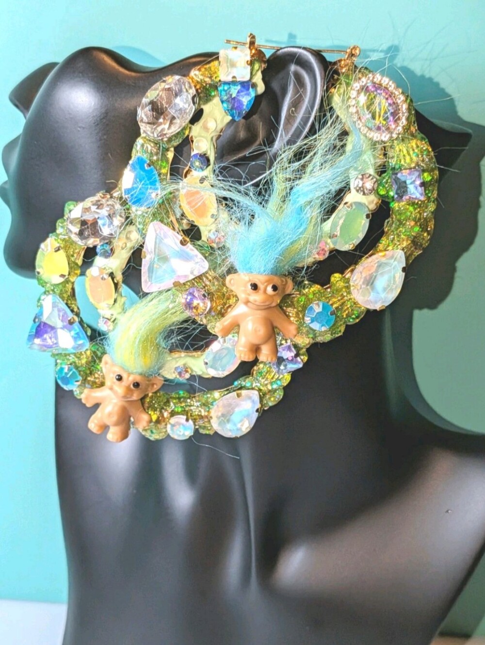 Xl Hand Crafted Decoden Green Iridescent Crystal Hoop Earrings with Troll Charms